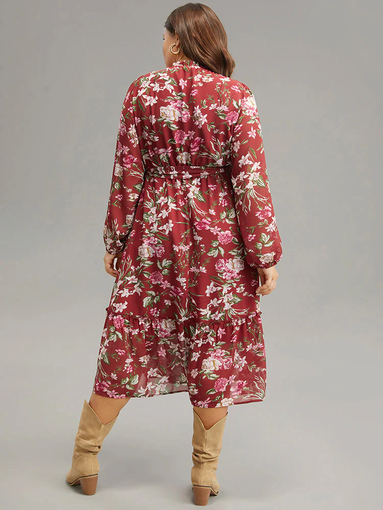 Floral Print Belted Patchwork Gathered Dress - Image 2