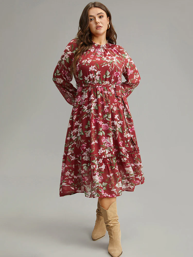 Floral Print Belted Patchwork Gathered Dress - Image 3