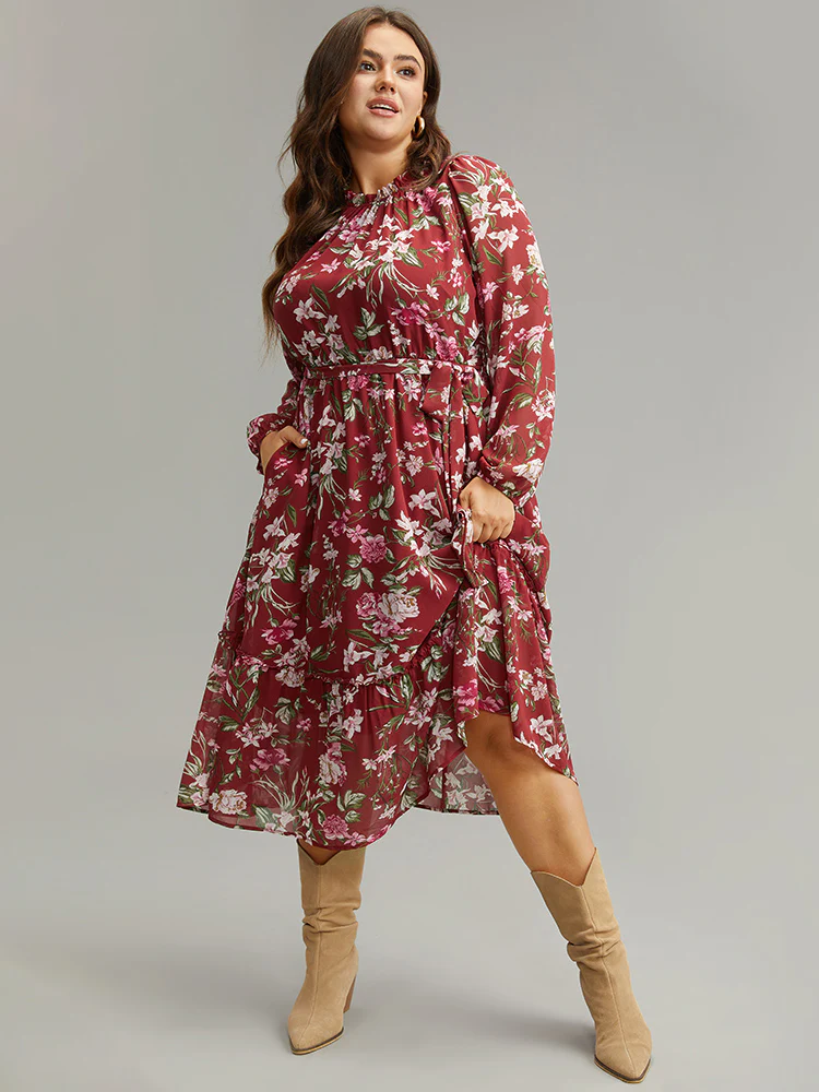 Floral Print Belted Patchwork Gathered Dress - Image 4