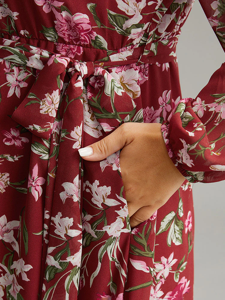 Floral Print Belted Patchwork Gathered Dress - Image 6