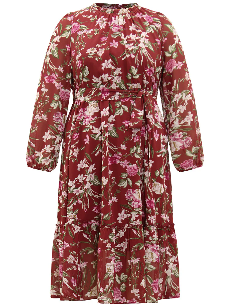 Floral Print Belted Patchwork Gathered Dress - Image 7