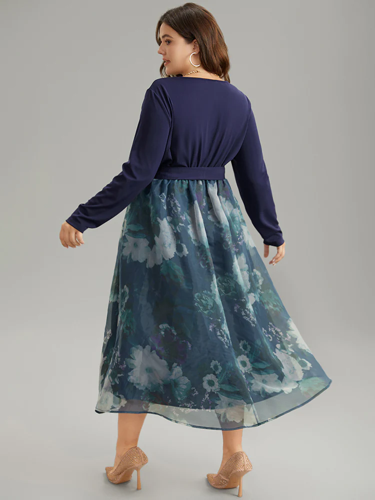 Floral Print Belted Patchwork Mesh Dress - Image 2