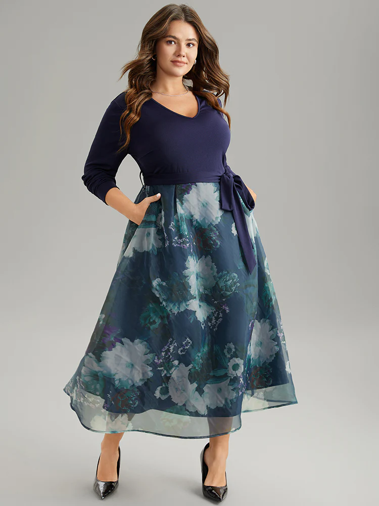 Floral Print Belted Patchwork Mesh Dress - Image 3