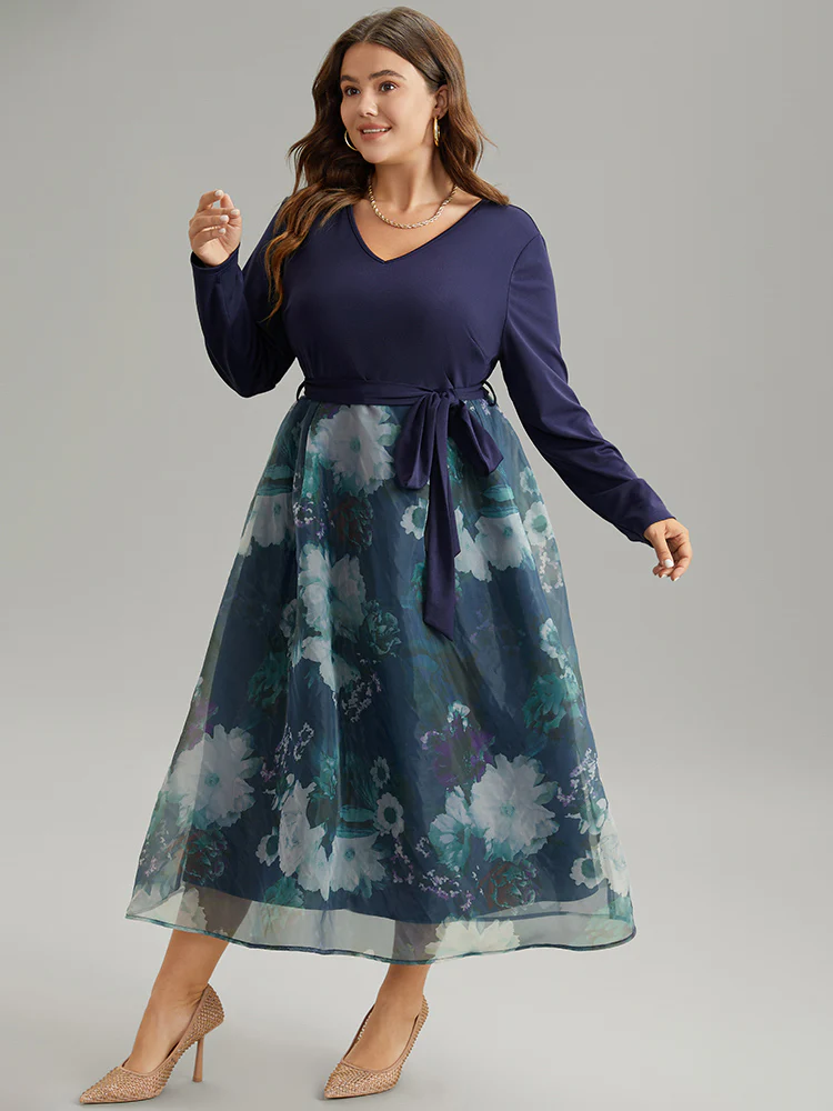 Floral Print Belted Patchwork Mesh Dress - Image 4