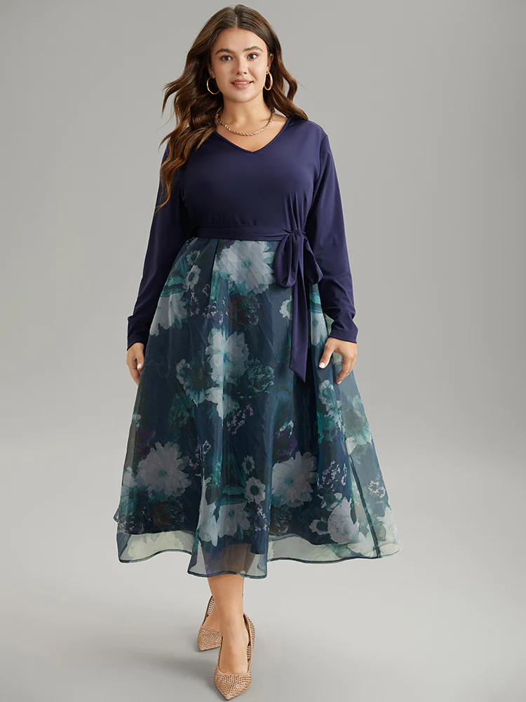 Floral Print Belted Patchwork Mesh Dress - Image 5