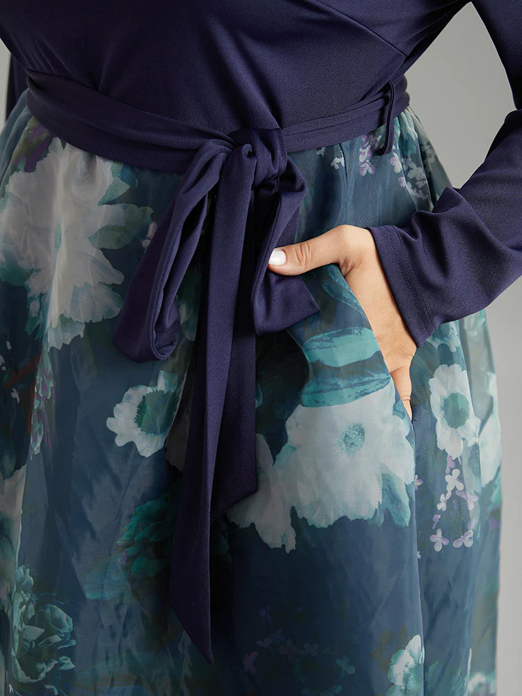 Floral Print Belted Patchwork Mesh Dress - Image 6