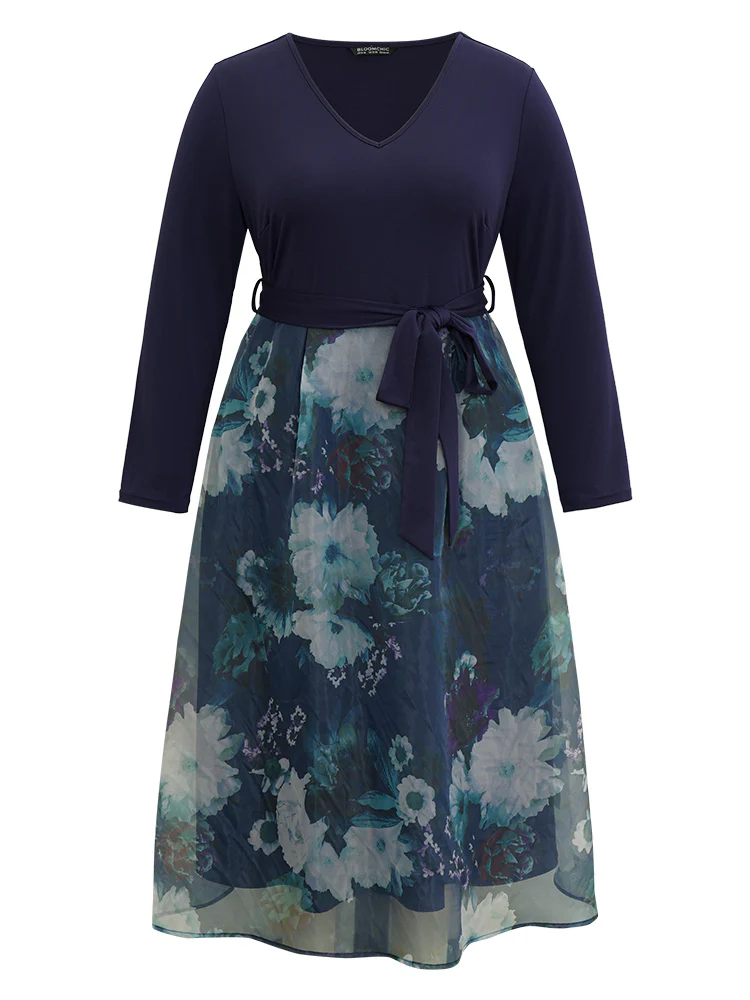 Floral Print Belted Patchwork Mesh Dress - Image 8