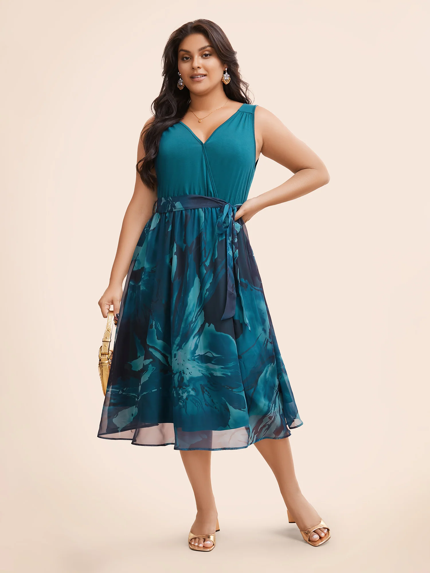 Floral Print Belted Patchwork Pocket Tank Dress - Image 3