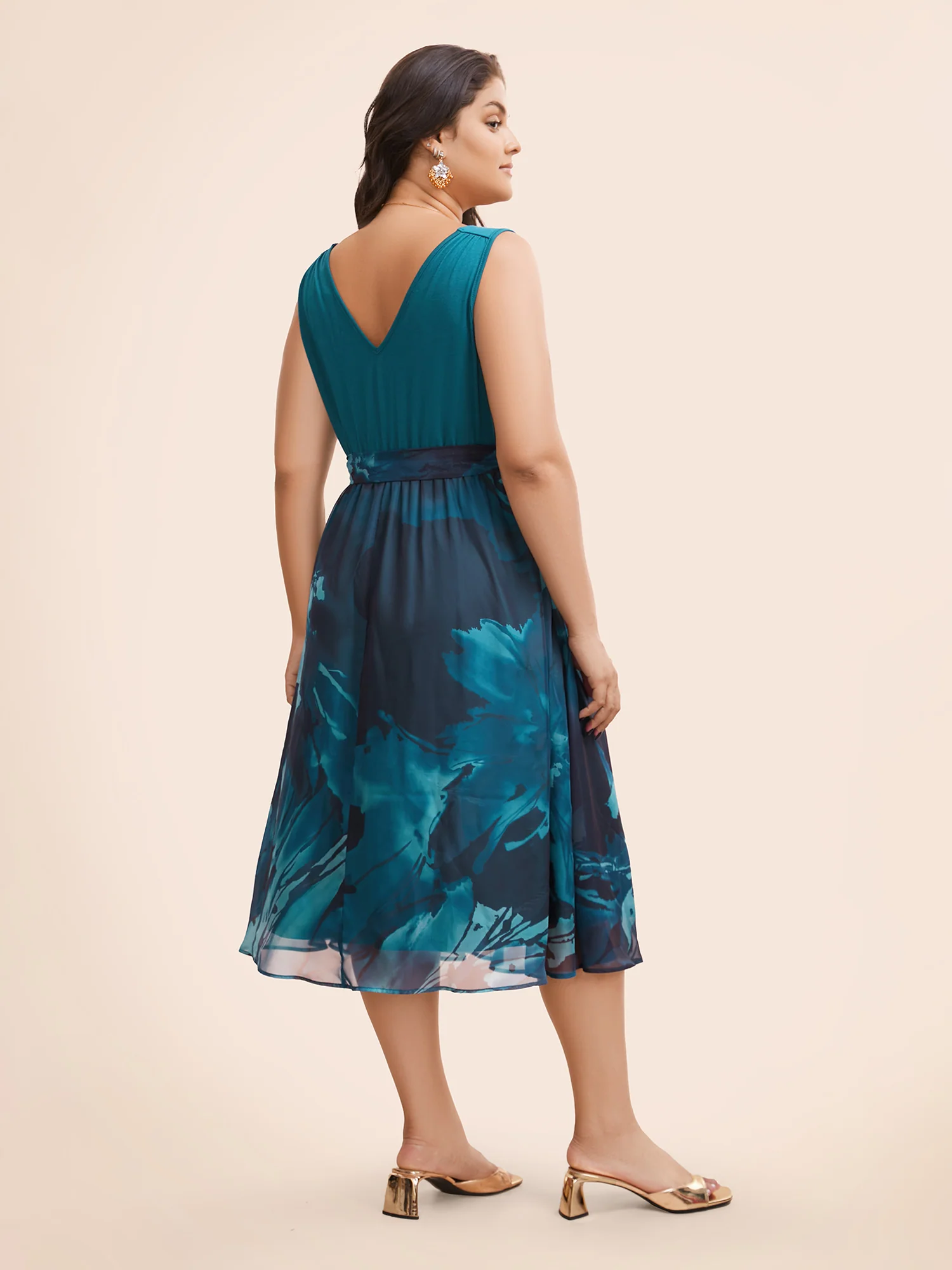 Floral Print Belted Patchwork Pocket Tank Dress - Image 4