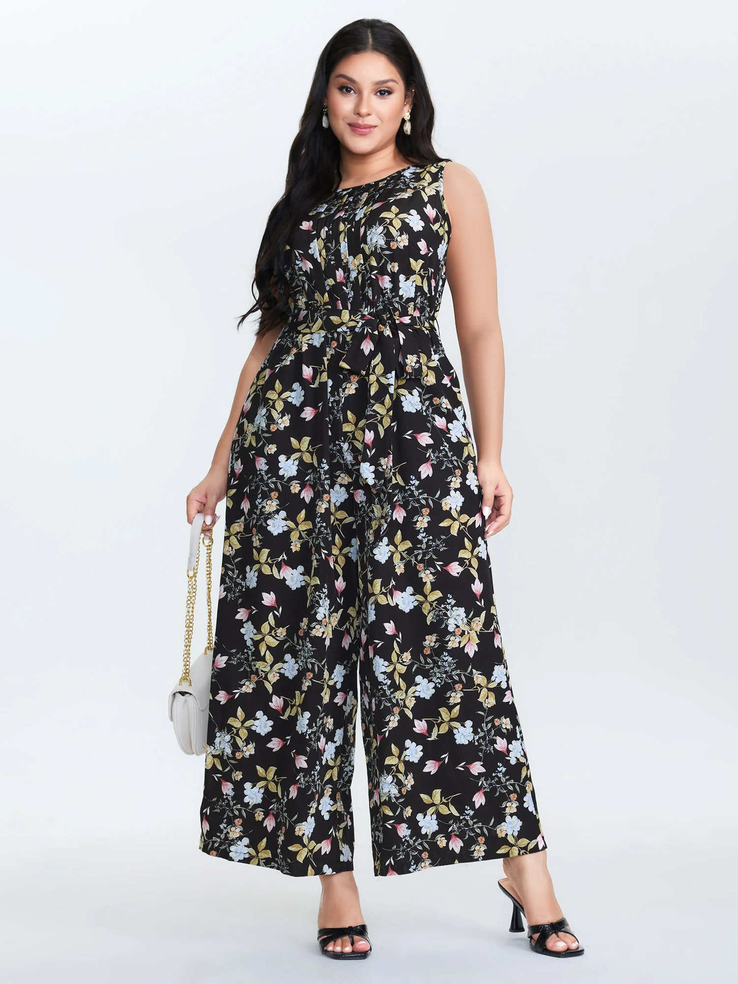 Floral Print Belted Plicated Detail Jumpsuit - Image 3