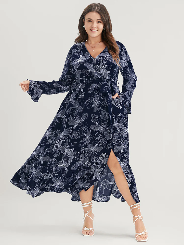 Floral Print Belted Pocket Split Hem Wrap Dress - Image 2