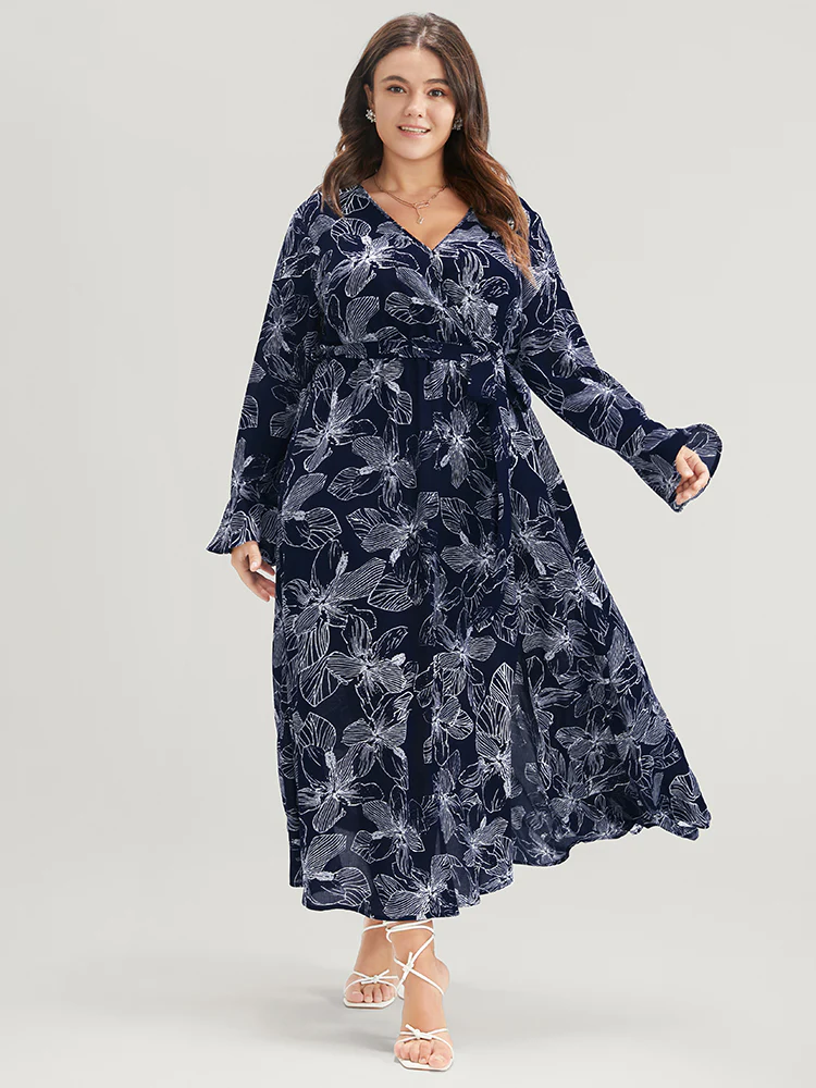 Floral Print Belted Pocket Split Hem Wrap Dress - Image 3