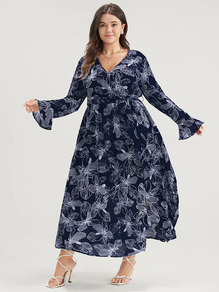 Floral Print Belted Pocket Split Hem Wrap Dress - Image 4