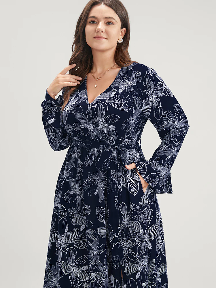 Floral Print Belted Pocket Split Hem Wrap Dress - Image 6