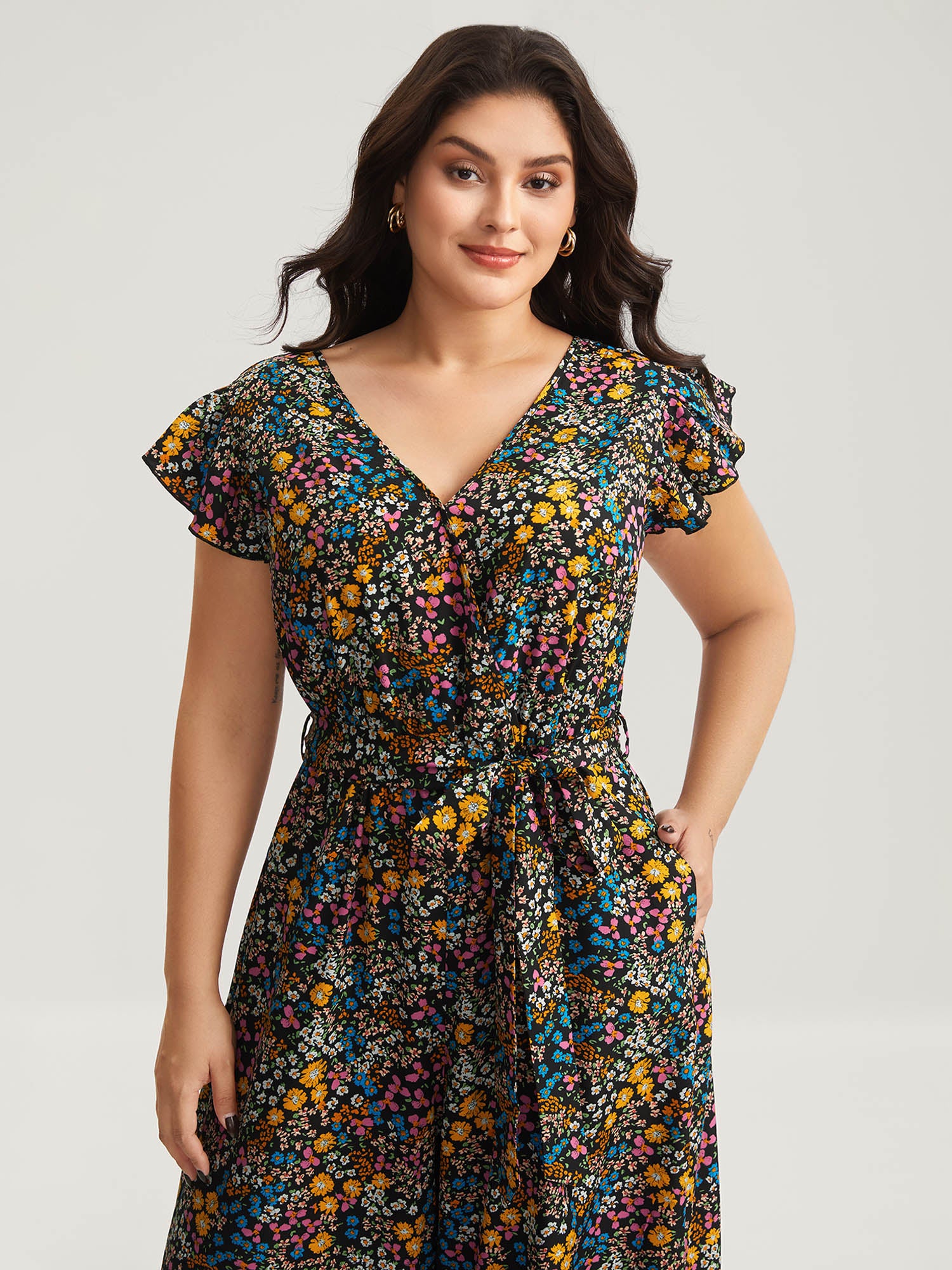 Floral Print Belted Ruffled Sleeve Jumpsuit - Image 2