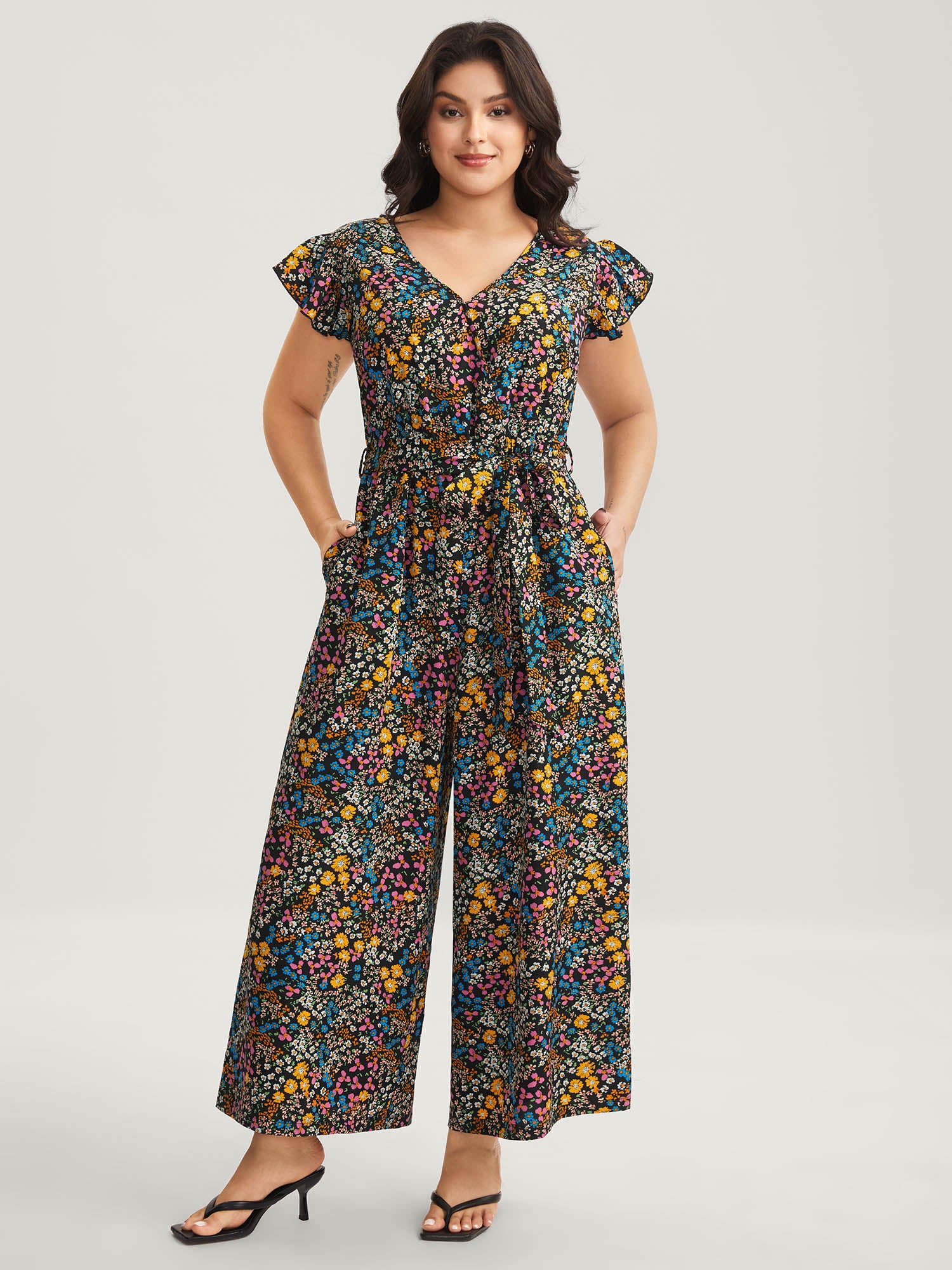 Floral Print Belted Ruffled Sleeve Jumpsuit - Image 3