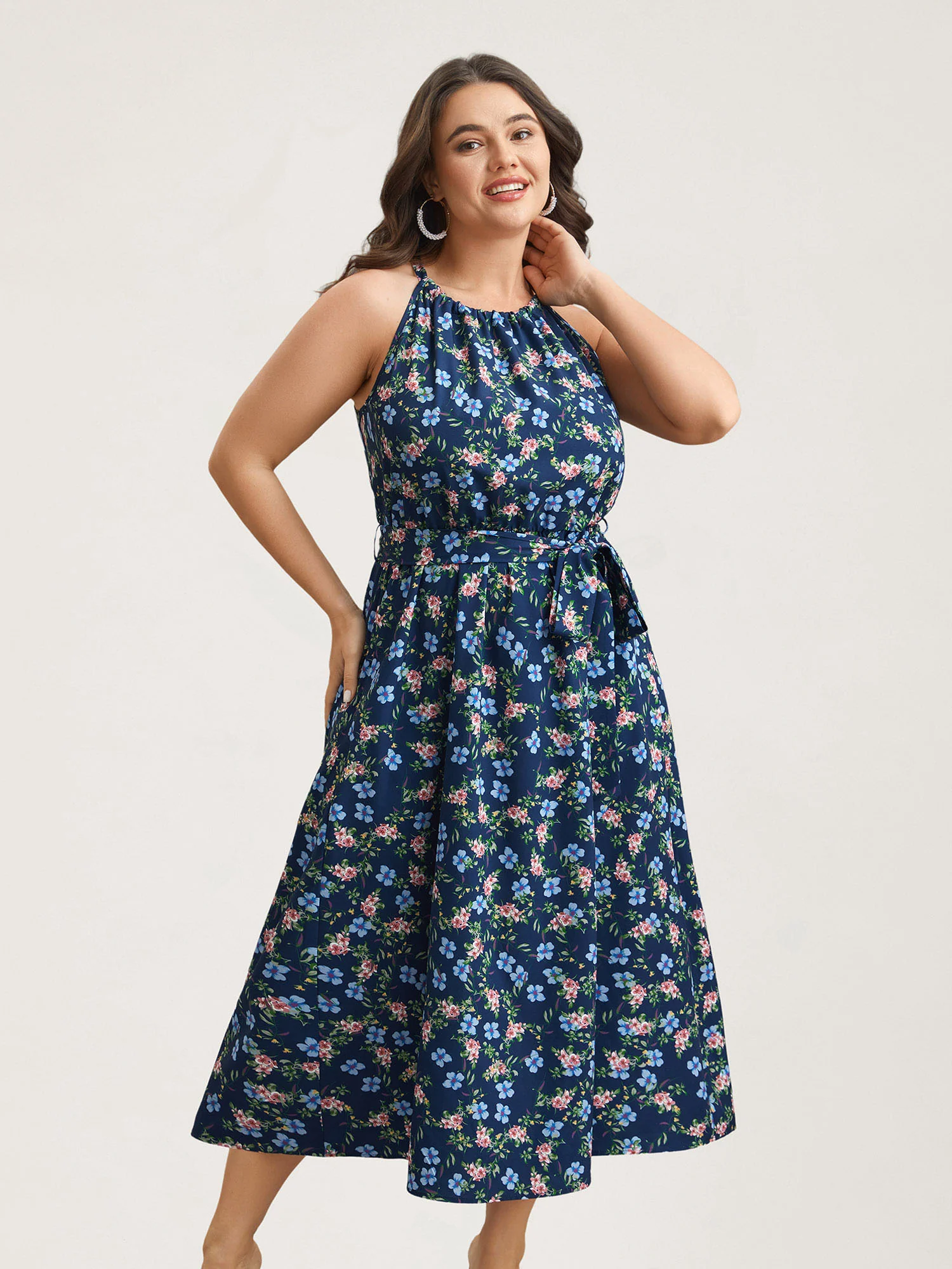 Floral Print Belted Stretchy Waist Midi Dress - Image 2