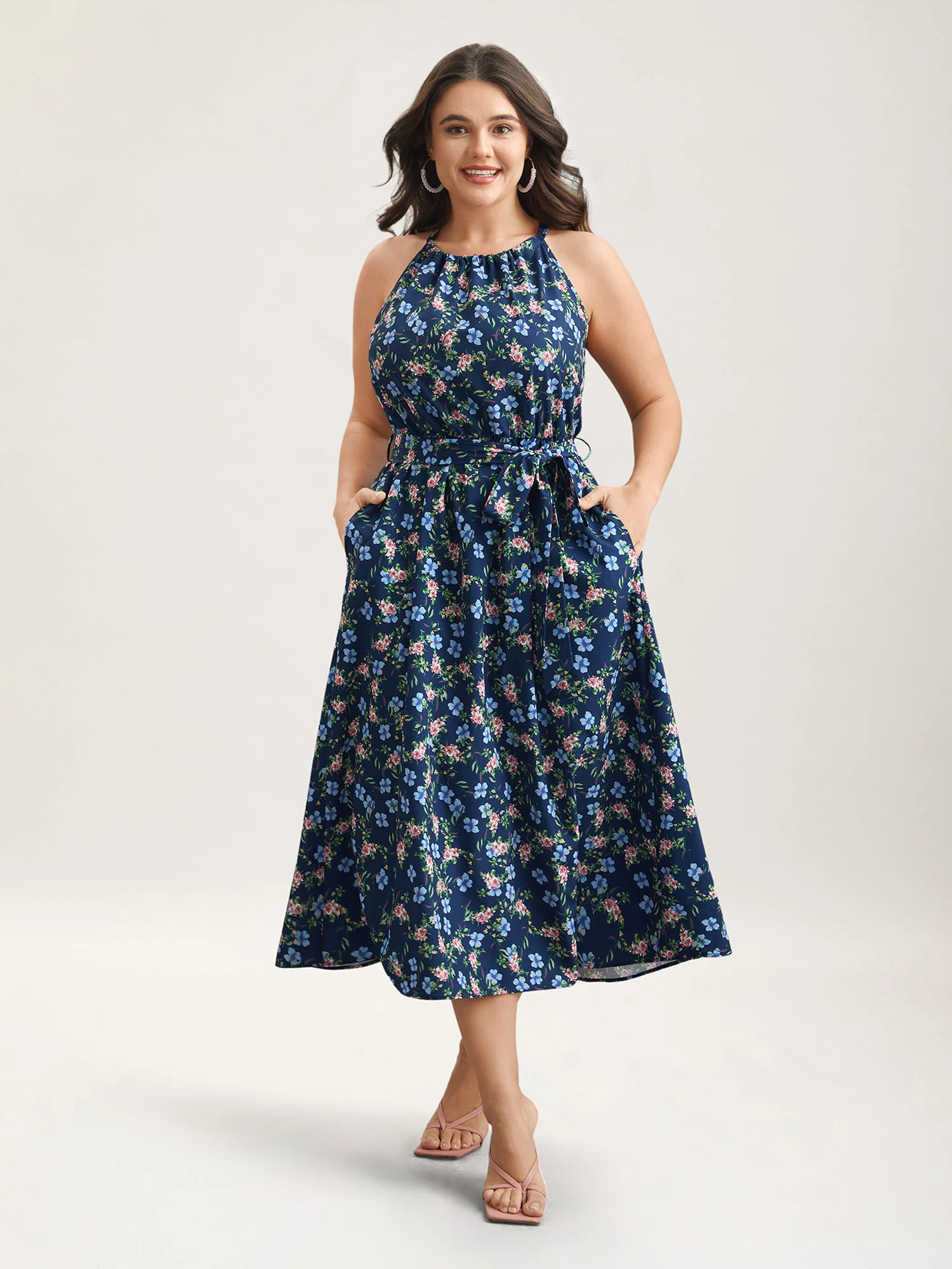 Floral Print Belted Stretchy Waist Midi Dress - Image 3