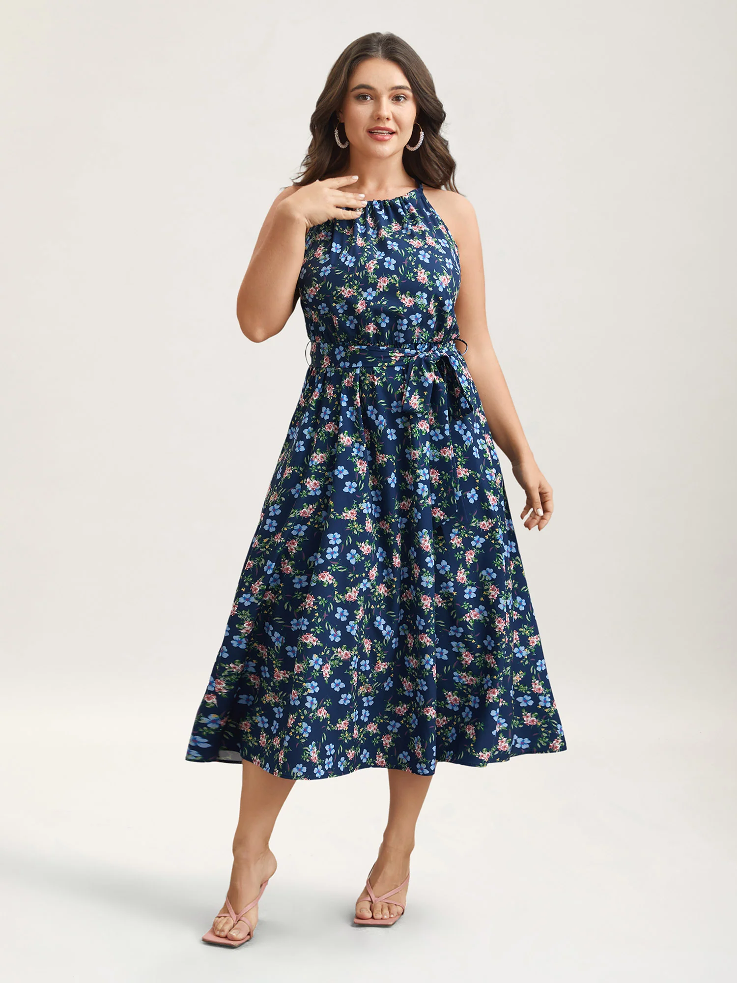 Floral Print Belted Stretchy Waist Midi Dress - Image 4