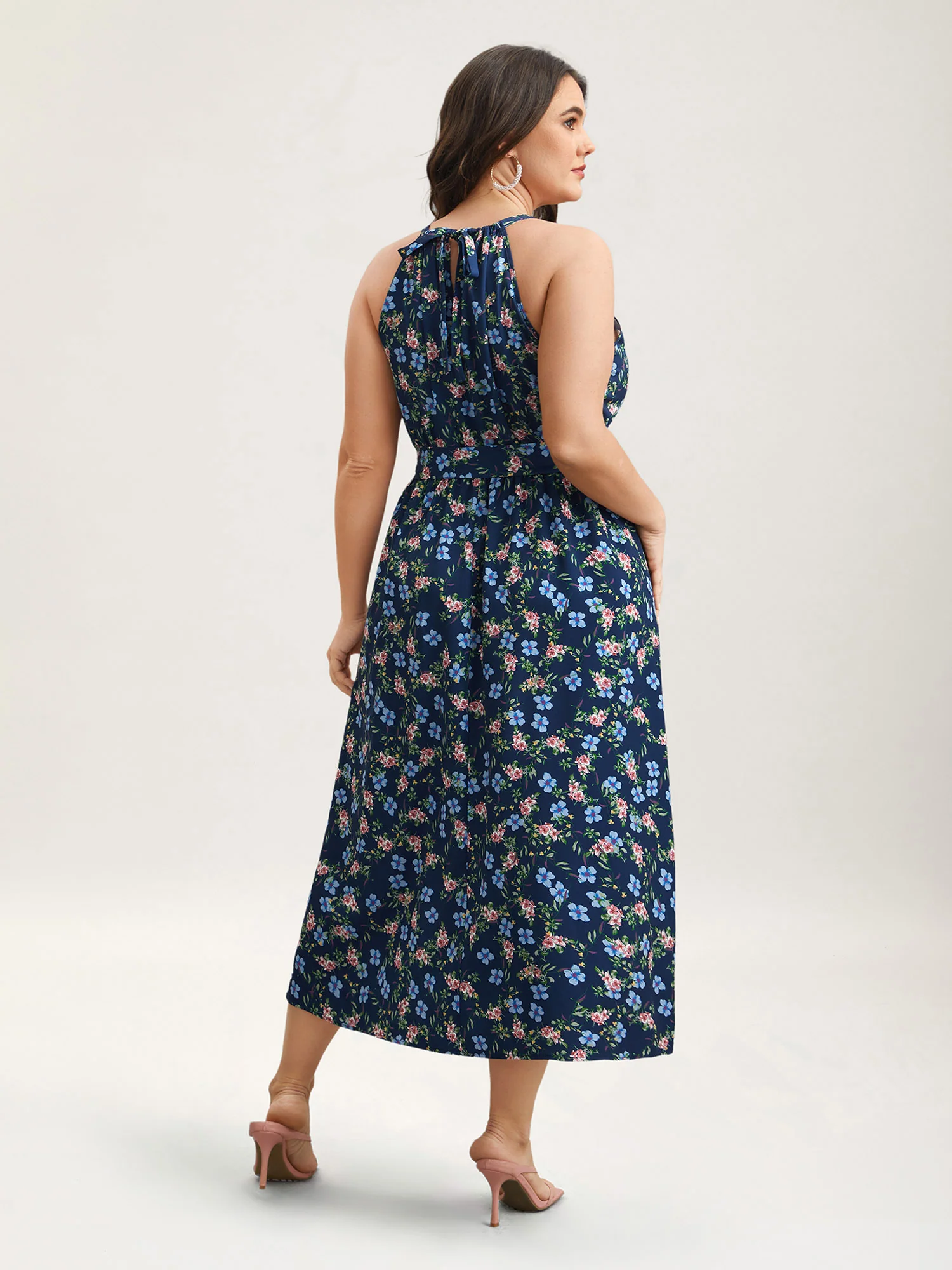 Floral Print Belted Stretchy Waist Midi Dress - Image 5