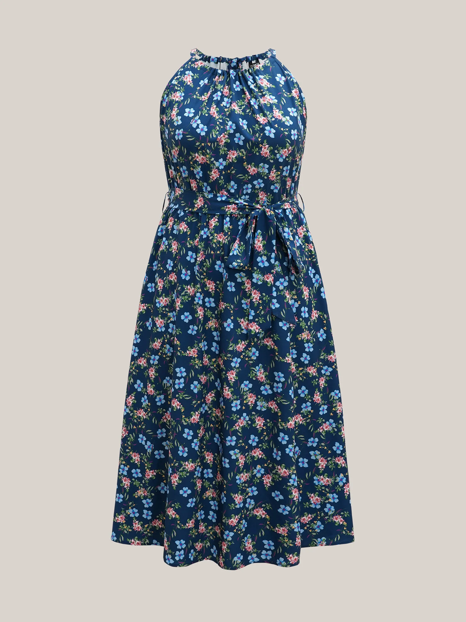 Floral Print Belted Stretchy Waist Midi Dress - Image 8