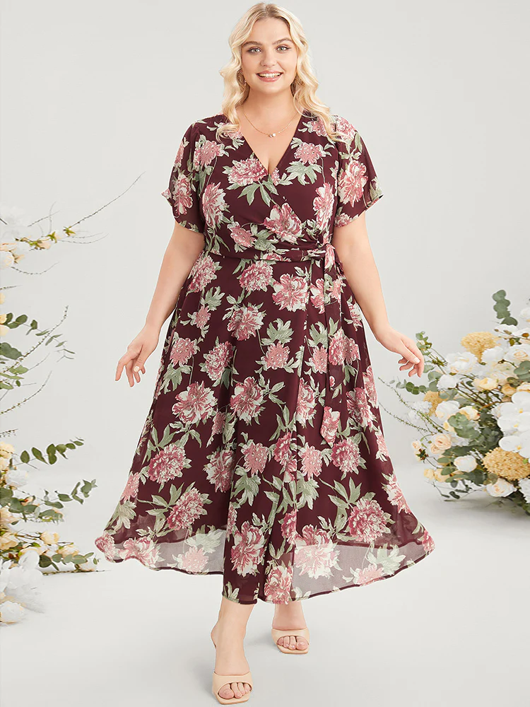 Floral Print Belted Surplice Neck Flutter Pocket Maxi Dress - Image 2
