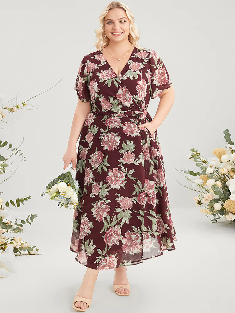Floral Print Belted Surplice Neck Flutter Pocket Maxi Dress - Image 3