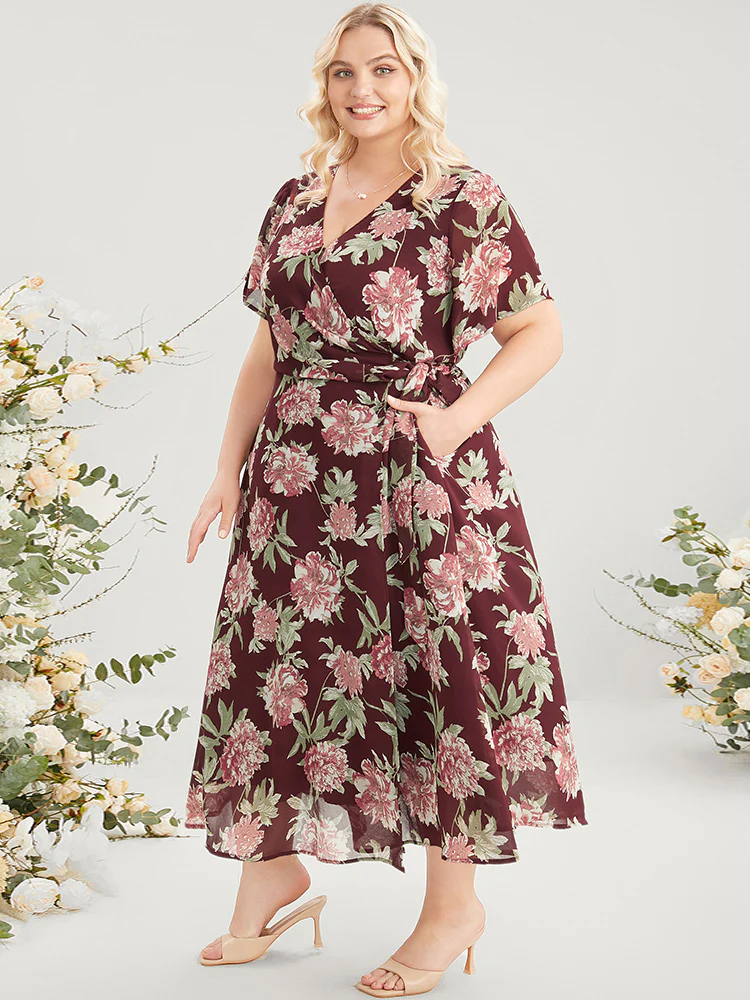 Floral Print Belted Surplice Neck Flutter Pocket Maxi Dress - Image 4