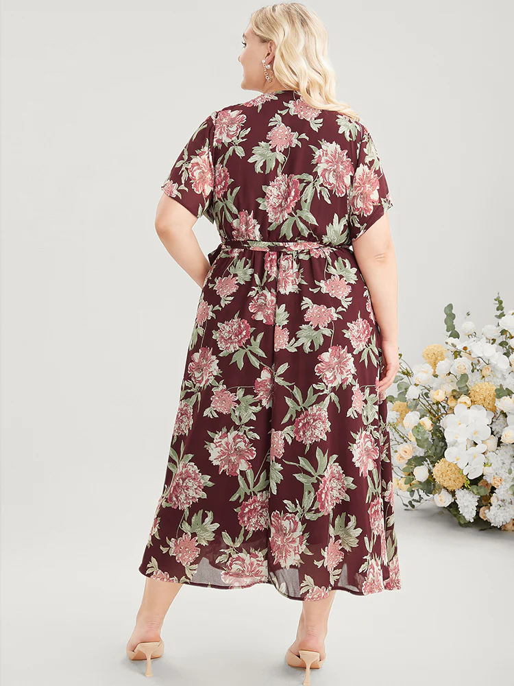 Floral Print Belted Surplice Neck Flutter Pocket Maxi Dress - Image 5