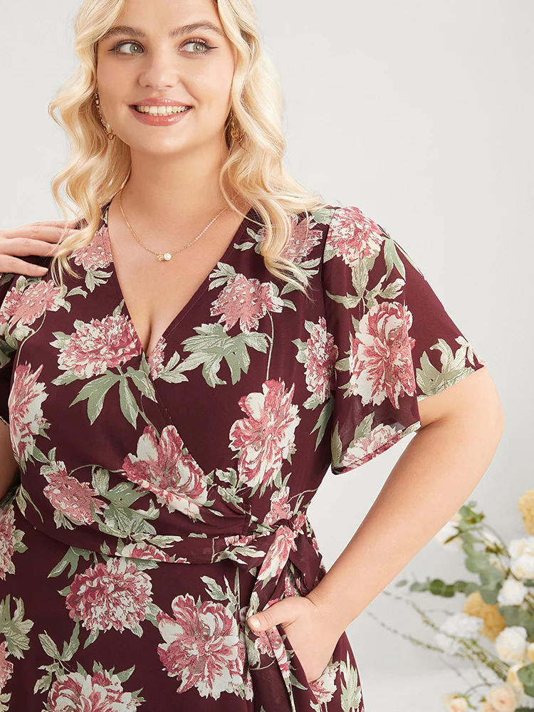 Floral Print Belted Surplice Neck Flutter Pocket Maxi Dress - Image 7