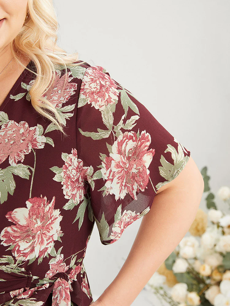Floral Print Belted Surplice Neck Flutter Pocket Maxi Dress - Image 8