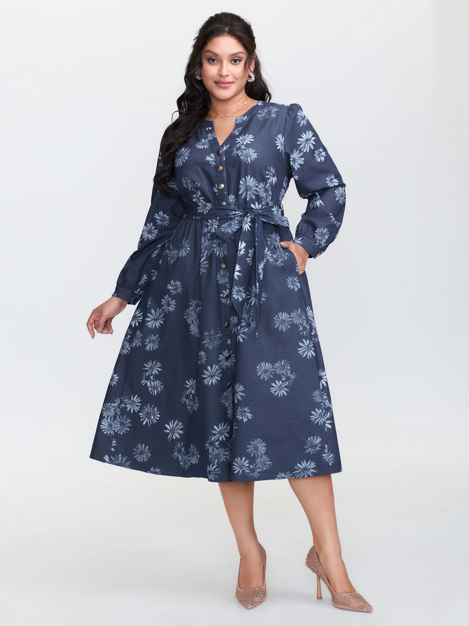Floral Print Belted Waist Midi Denim Dress