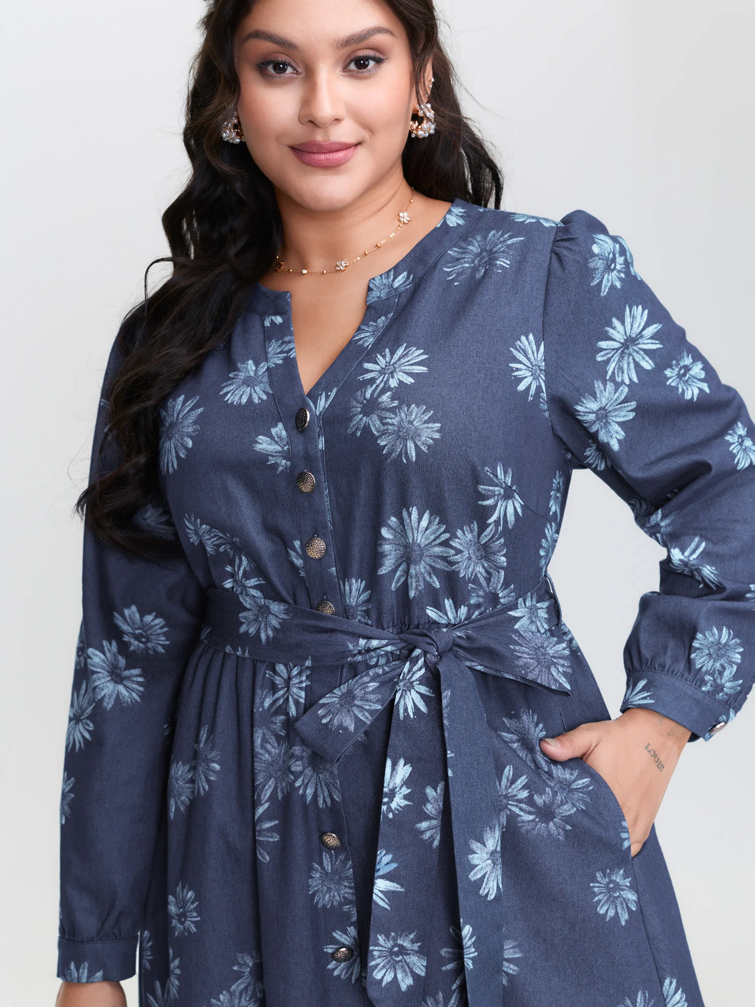 Floral Print Belted Waist Midi Denim Dress - Image 2