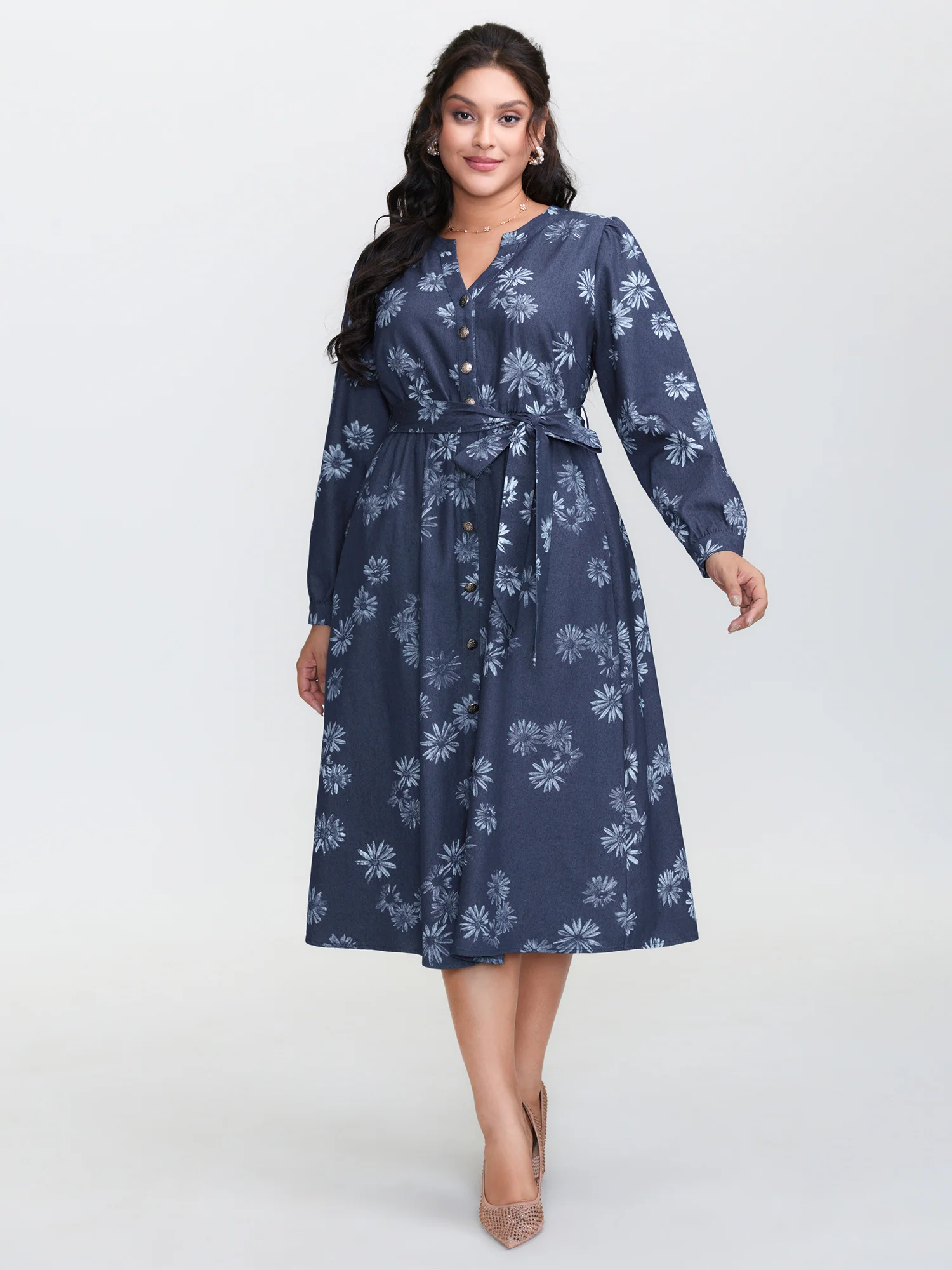 Floral Print Belted Waist Midi Denim Dress - Image 3