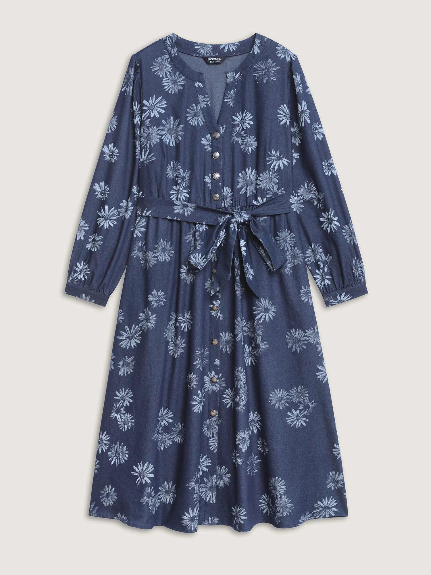 Floral Print Belted Waist Midi Denim Dress - Image 7