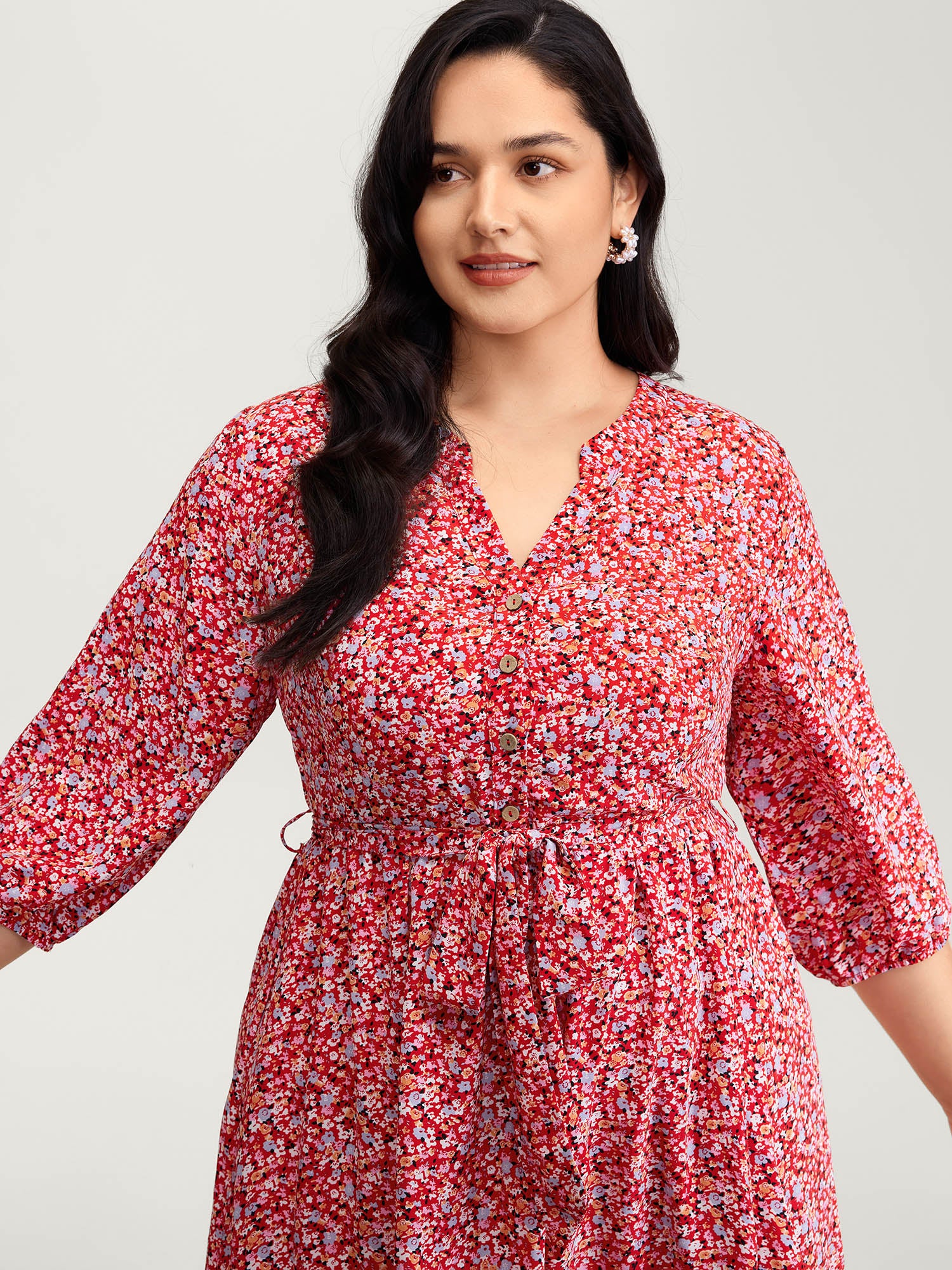Floral Print Belted Waist Midi Dress - Image 2