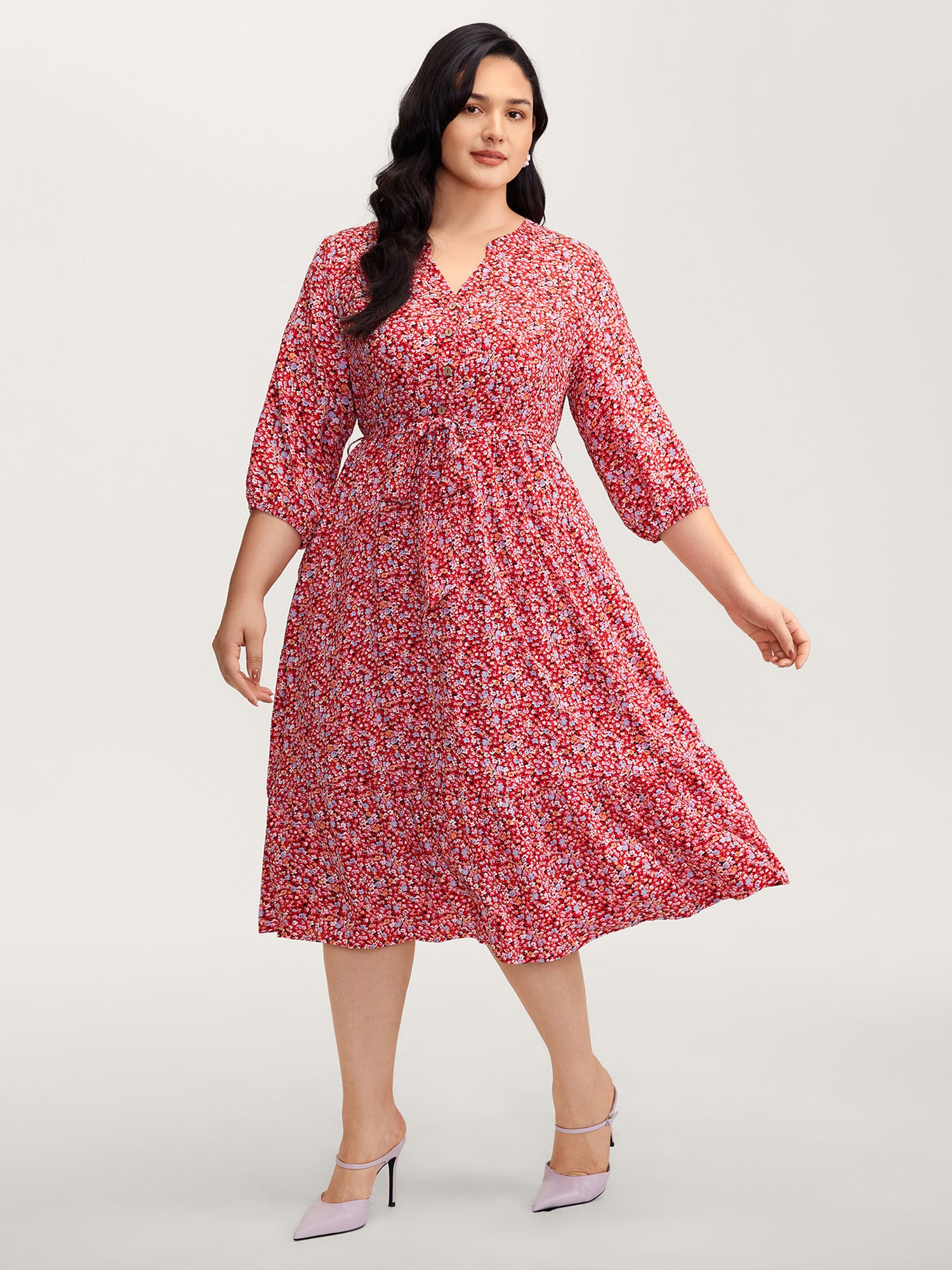 Floral Print Belted Waist Midi Dress - Image 3