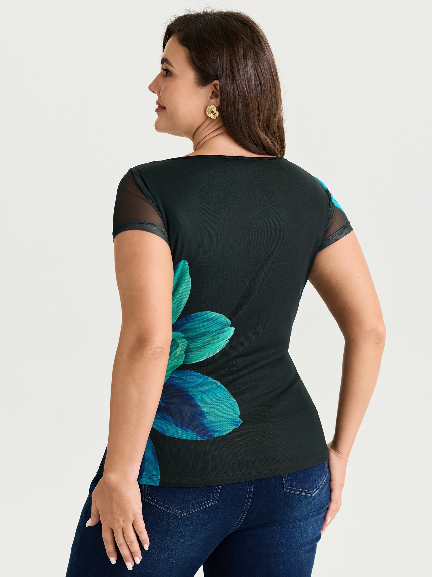 Floral Print Boat Neckline Fitted T-Shirt - Image 4