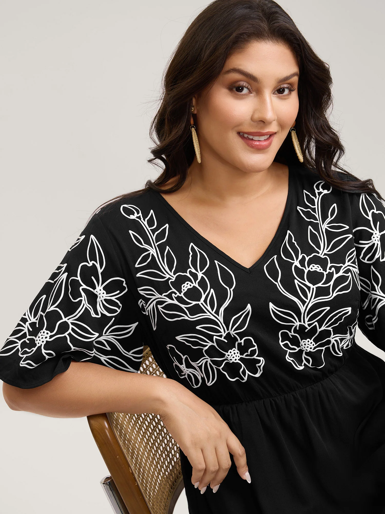 Floral Print Bodice Side Pockets Midi Dress - Image 2