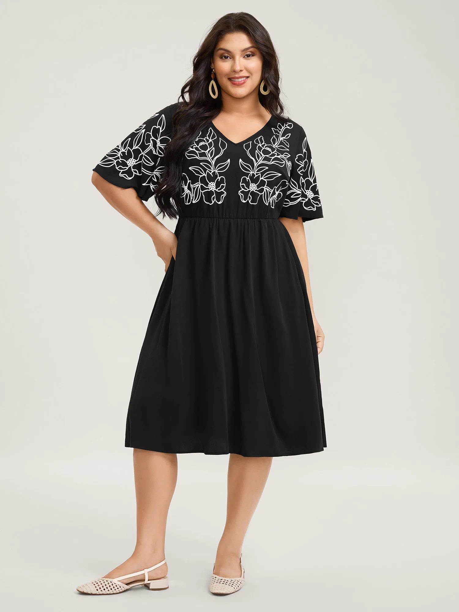 Floral Print Bodice Side Pockets Midi Dress - Image 3