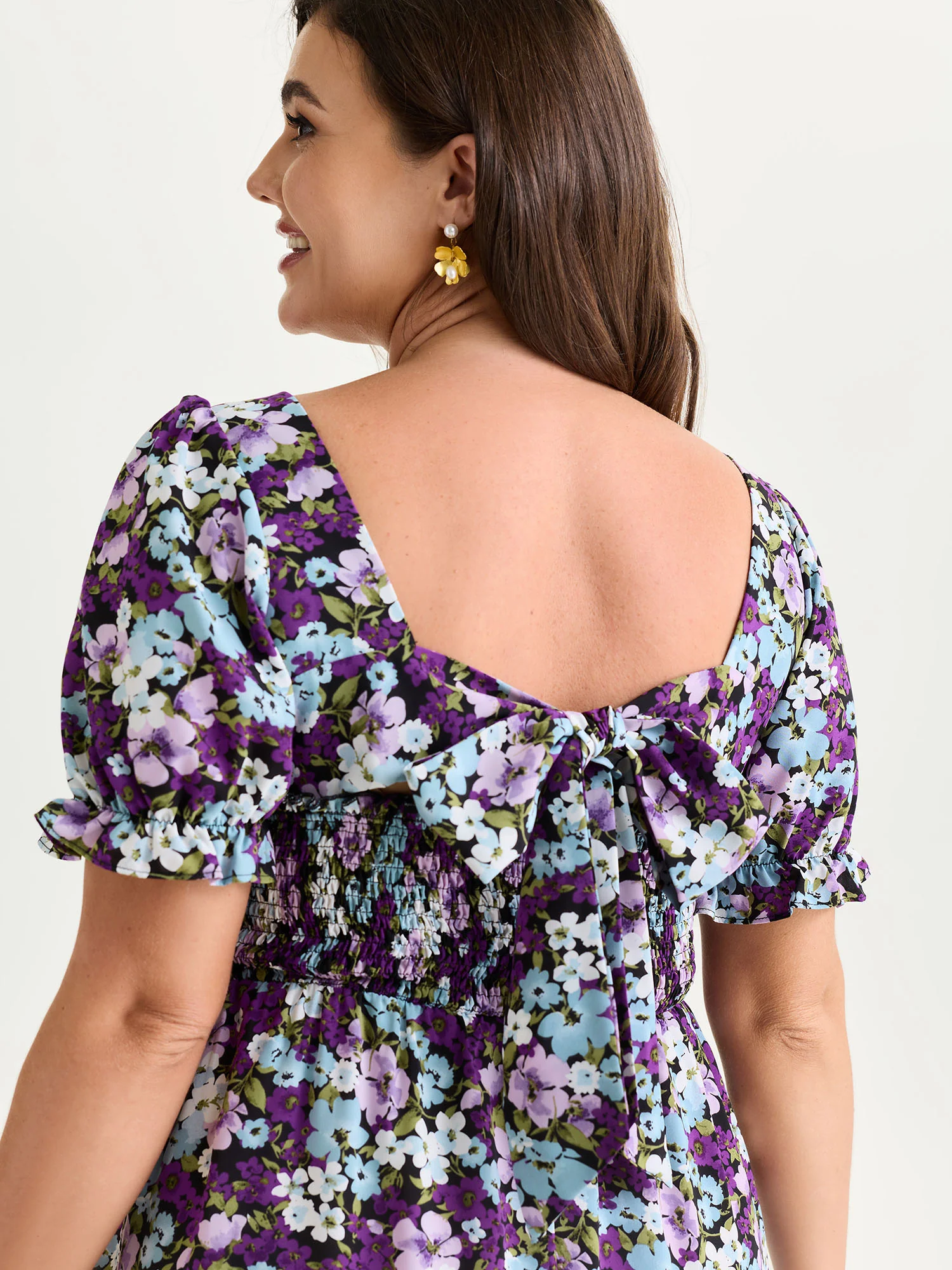Floral Print Bowknot Puff Sleeve Mini Dress - Image 2