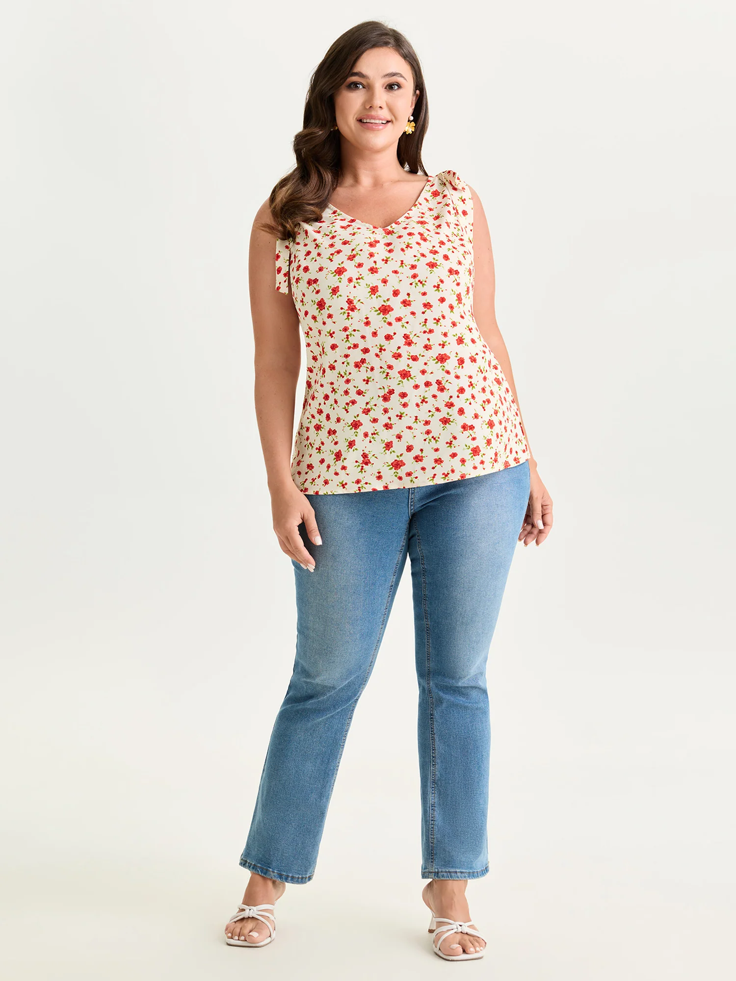 Floral Print Bowknot Shoulder Tank Top - Image 3