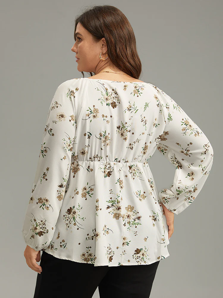 Floral Print Buckle Detail Gathered Bell Sleeve Blouse - Image 2