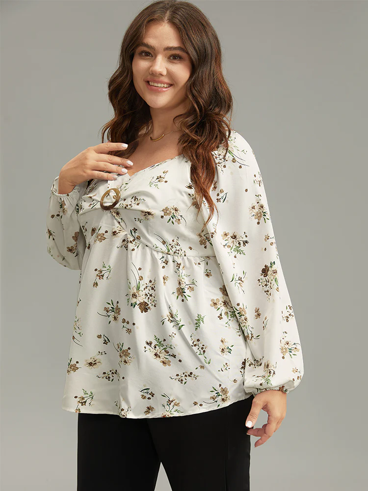 Floral Print Buckle Detail Gathered Bell Sleeve Blouse - Image 3