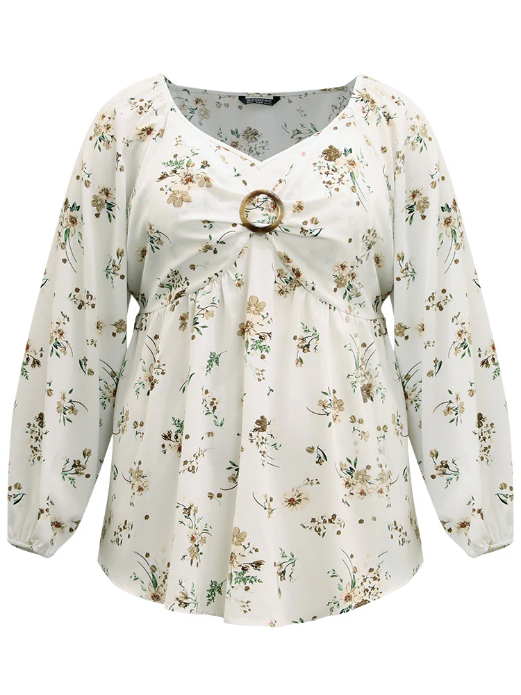 Floral Print Buckle Detail Gathered Bell Sleeve Blouse - Image 7