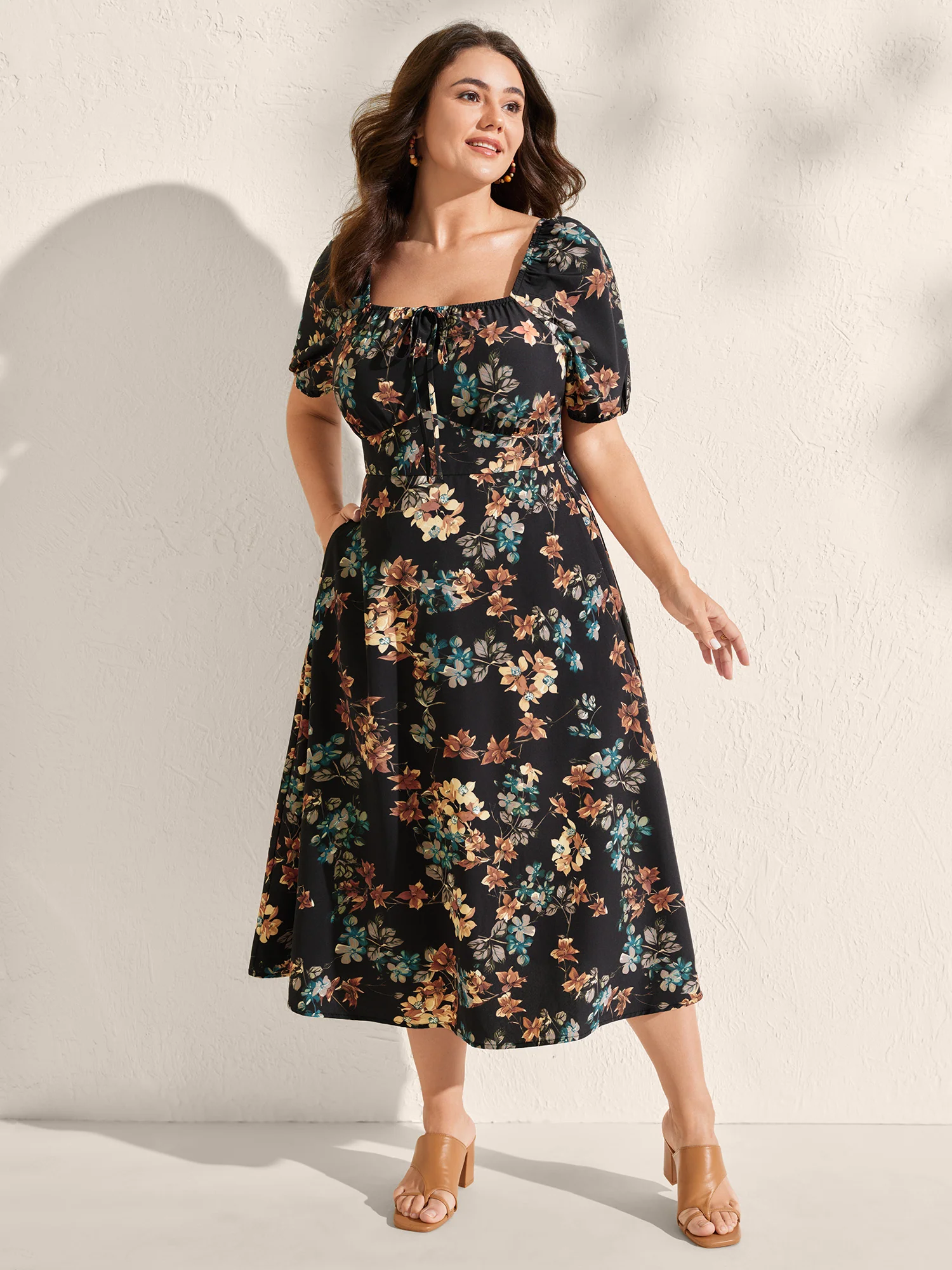 Floral Print Bust Ease Pockets Midi Dress - Image 3