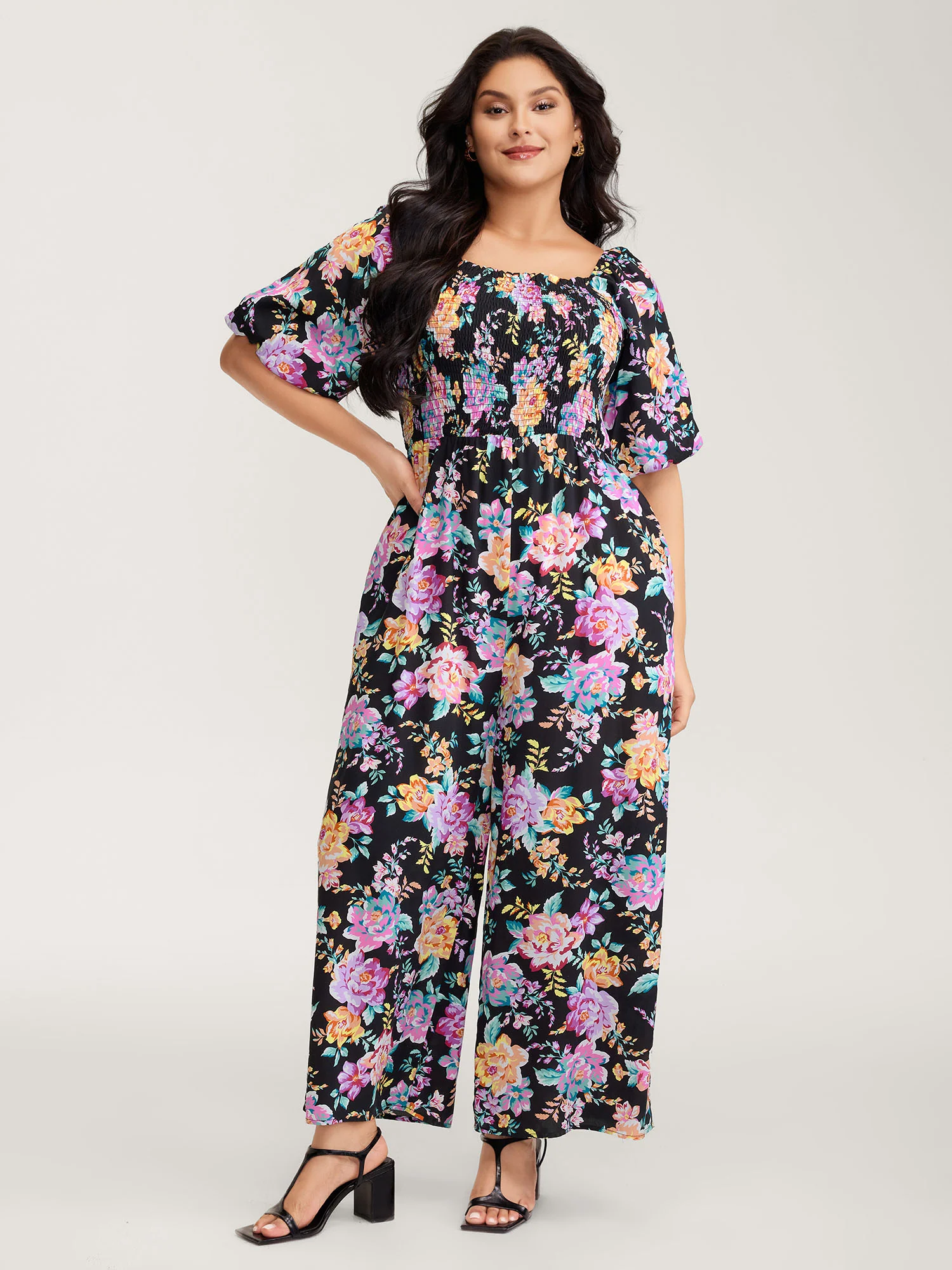 Floral Print Bust-Ease Shirred Jumpsuit