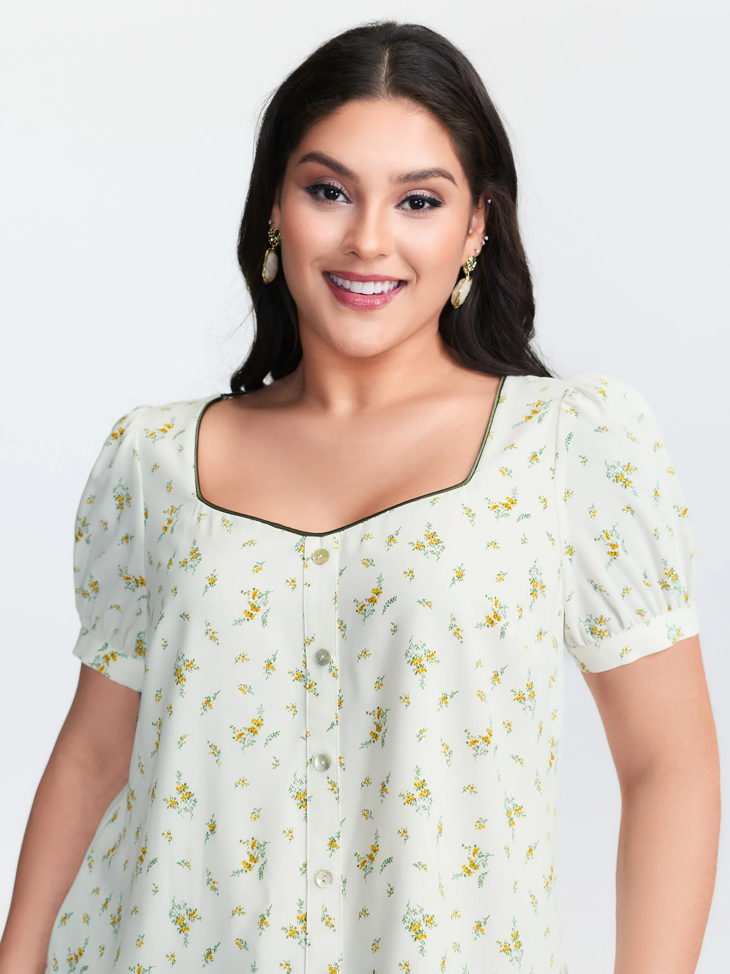 Floral Print Button Detail Color Contrast Blouse - Image 2