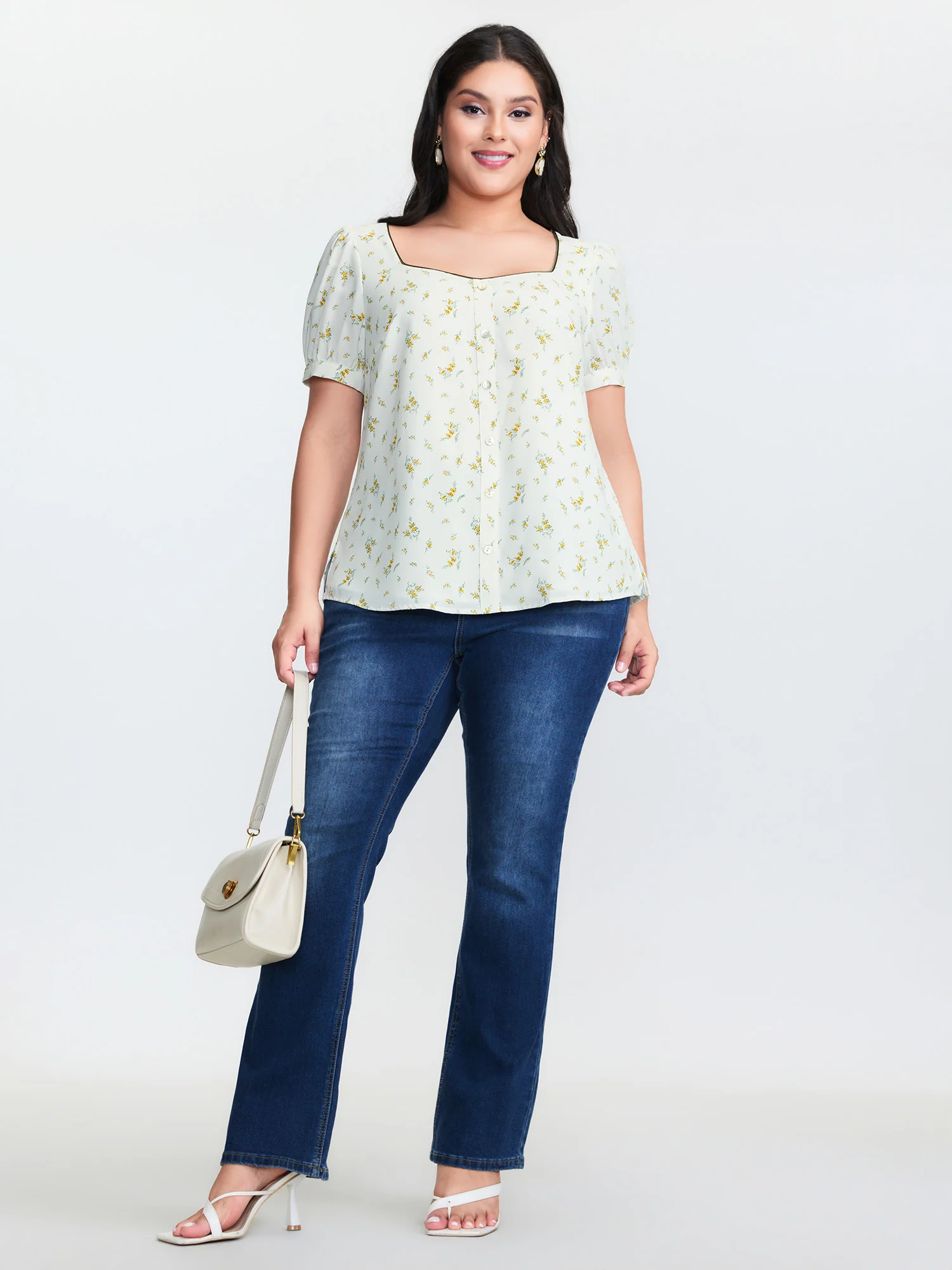 Floral Print Button Detail Color Contrast Blouse - Image 3