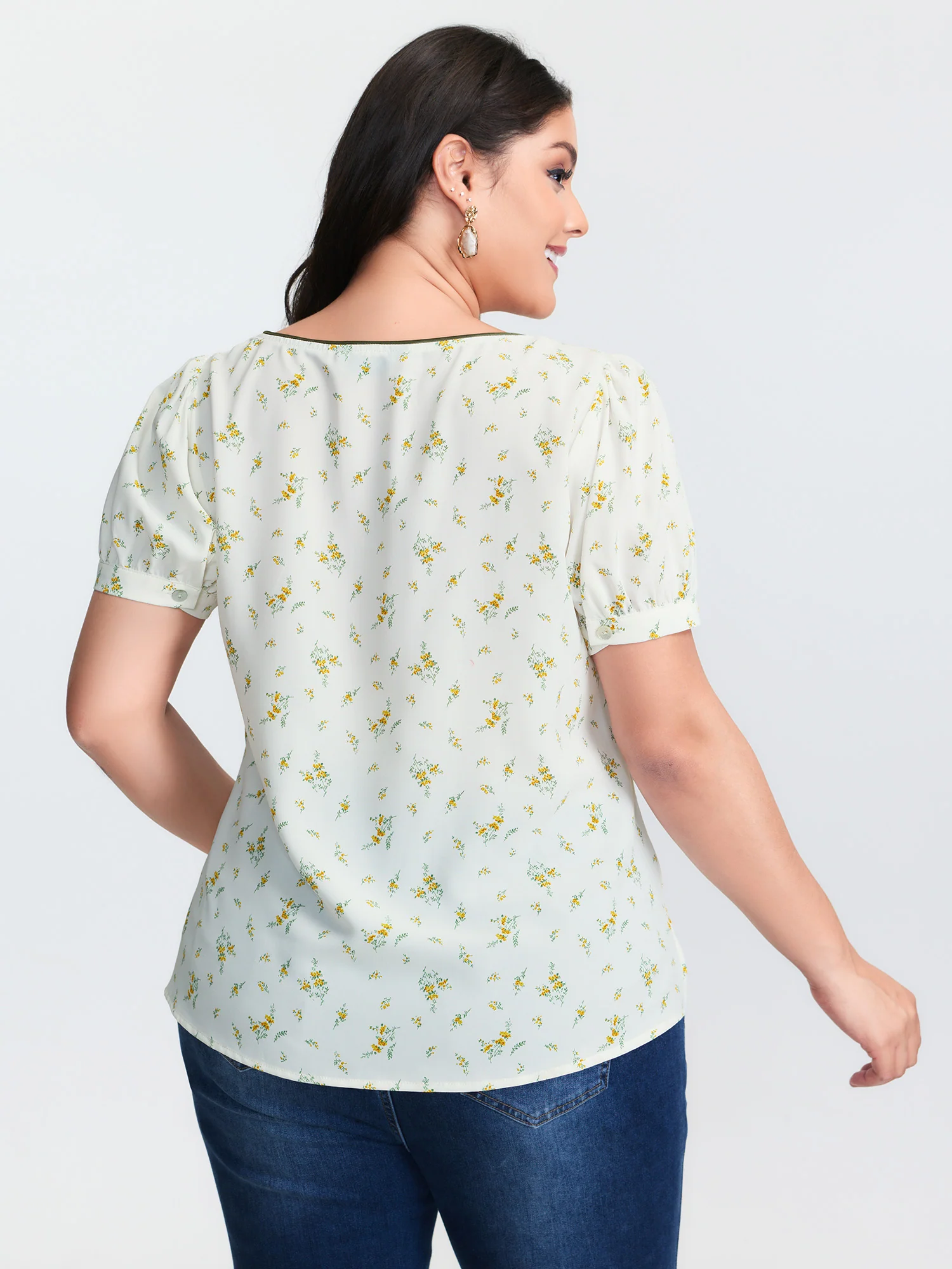 Floral Print Button Detail Color Contrast Blouse - Image 5